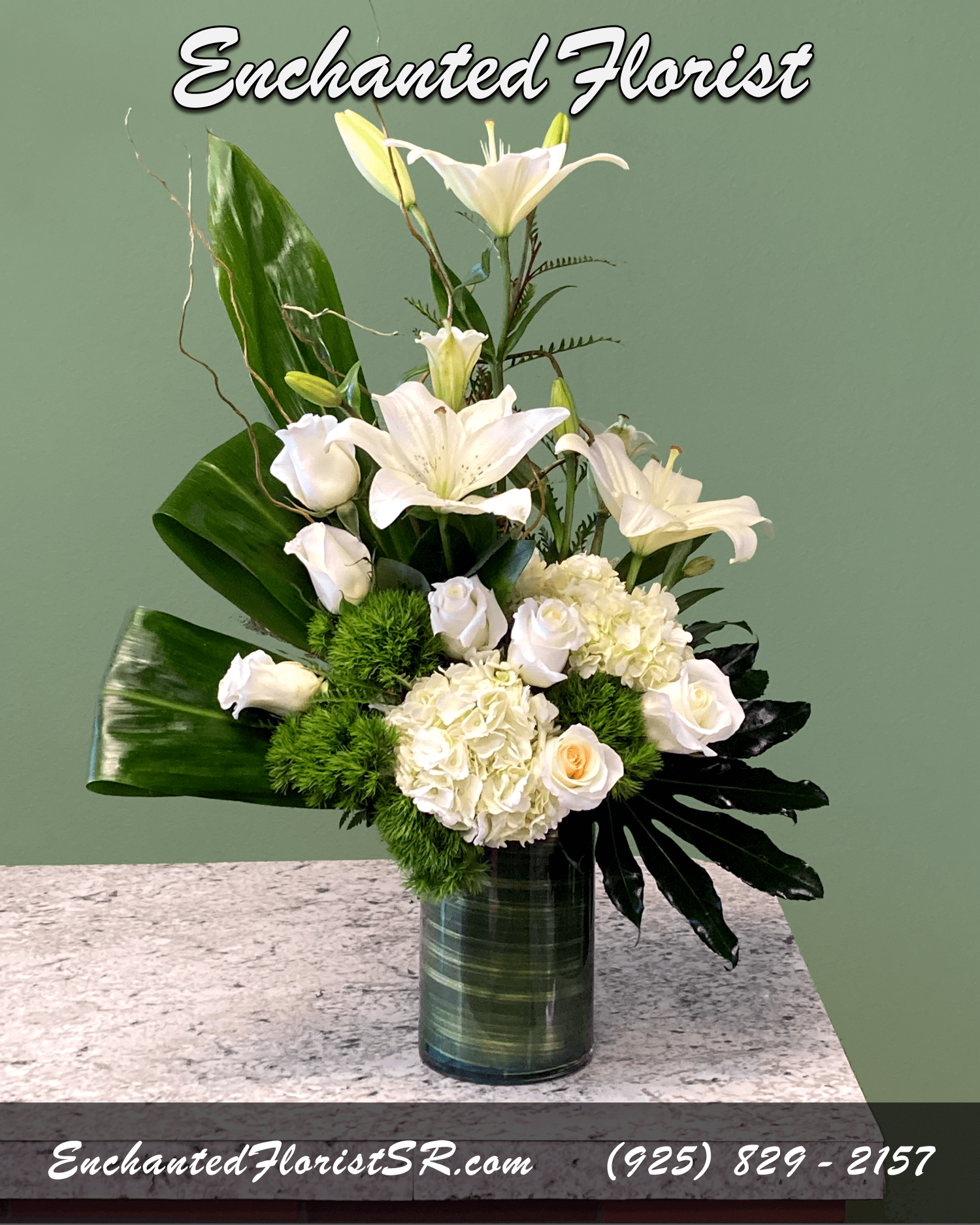 Botanical Beauty - Mixed Arrangement - A beautiful botanical sculpture showcasing a bichromatic green and white palette. Featuring hydrangeas, roses, asiatic lilies, and 'trick dianthus'. Accented with curly willow, grevillea, aspidistra leaves, folded ti leaves, and lemon leaves. Presented in a stylish cylindrical glass vase with a ti leaf ribbon wrapped inside.  Arrives In: Cylindrical clear glass vase  Orientation: One-Sided  Approximate Dimensions: 24&quot; Tall 14&quot; Wide 3&quot; Vase Diameter