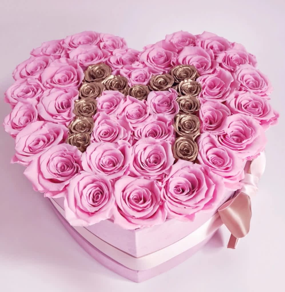 Love Initials Love Initials - Send this beautiful heart shaped container of roses to that special someone. Please add your preferred initial in the note section.