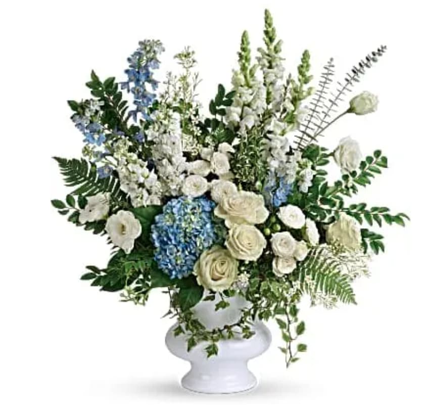 Treasured And Beloved Bouquet - A treasured tribute to your beloved, this gorgeously grand bouquet of soft blue hydrangea and pure white roses is reminiscent of a clear sky, a hopeful reminder of life and love. This beautiful bouquet of light blue hydrangea, white roses, white spray roses, white lisianthus, light blue delphinium, white snapdragons, white stock, and white waxflower is accented with huckleberry, variegated ivy, spiral eucalyptus, dagger fern, and lemon leaf. Delivered in a white designer urn.