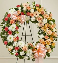 Peach orange Funeral Wreath Peach orange Funeral Wreath - Small Size is 12" to 14" Medium size is 18" Deluxe is 24" to 30"