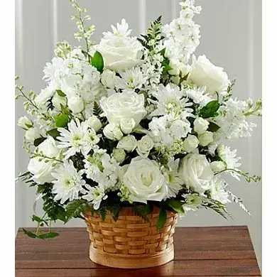 Condolences basket - Wicker basket with all white flowers