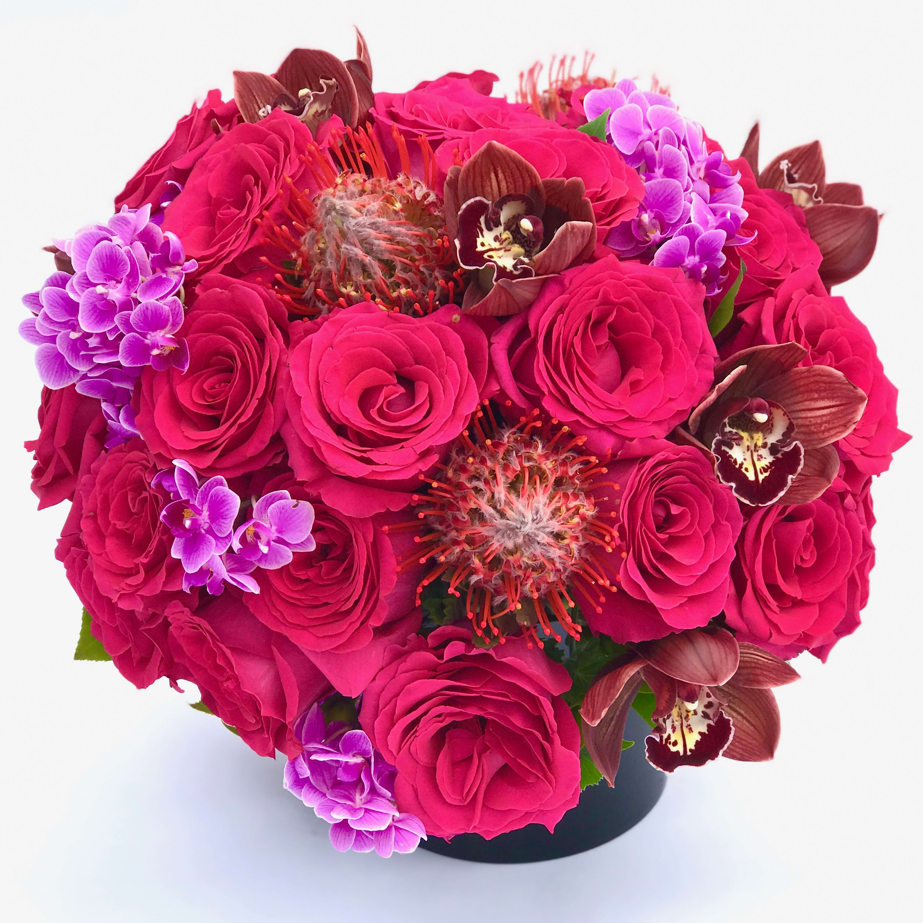 True Love True Love - Lush Pink Floyd roses are seduced by luxurious orchids and sexy proteas. This arrangement is sure to melt your heart!