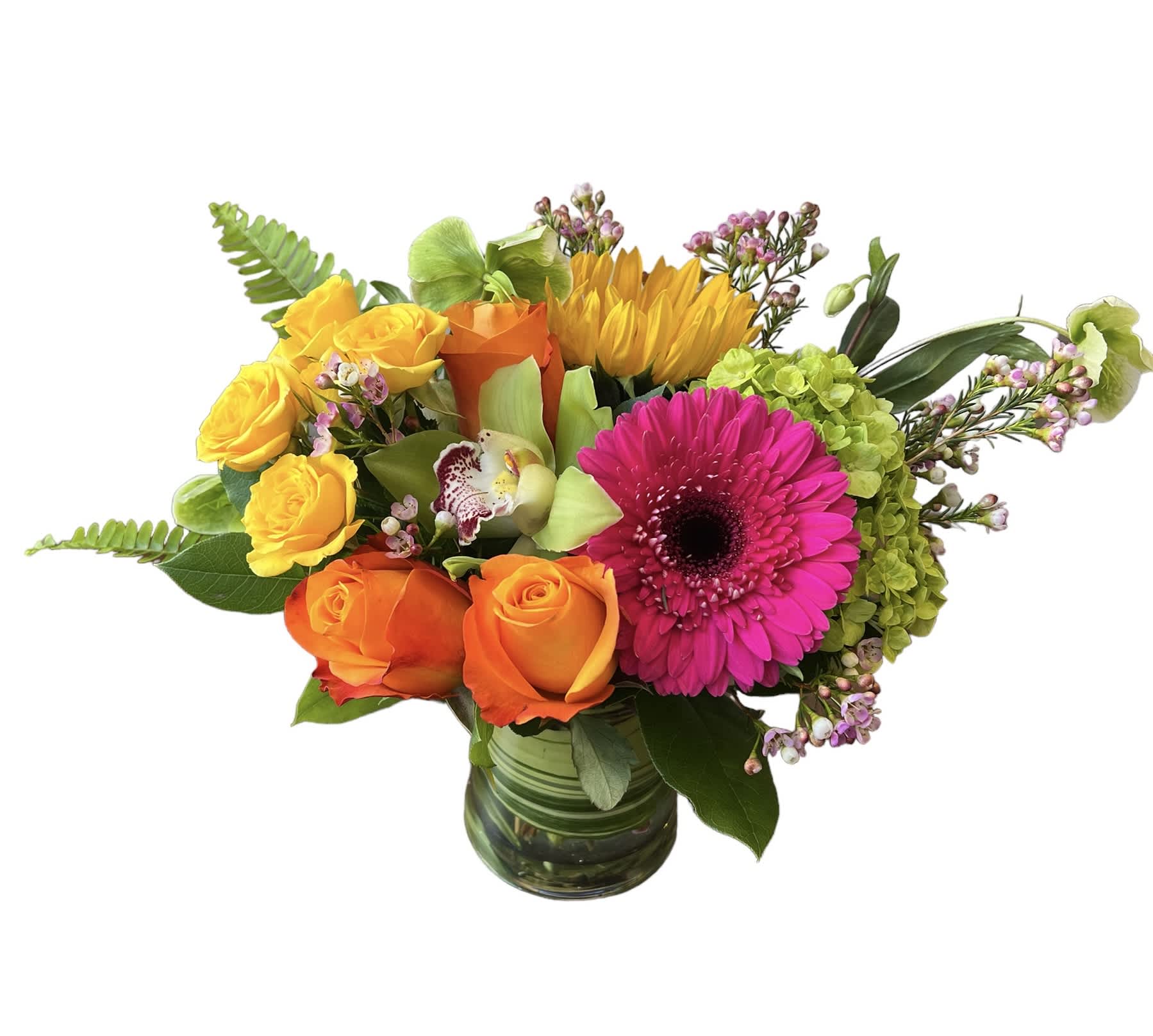 Bright & Colorful Bright & Colorful - Orange roses, yellow spray roses, sunflower, green hydrangea, hot pink gerbera daisy, green cymbidium orchid, wax flower and fern designed in a glass vase. As shown in photo.