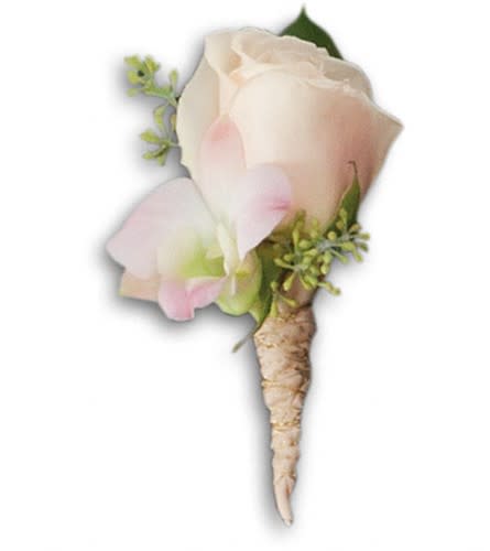 Dashing Boutonniere - Cause a stir with this pale rose and orchid pair. A light pink rose is accented with light pink dendrobium and seeded eucalyptus.Approximately 3&quot; W x 5&quot; H Orientation: N/A As Shown : T196-2A