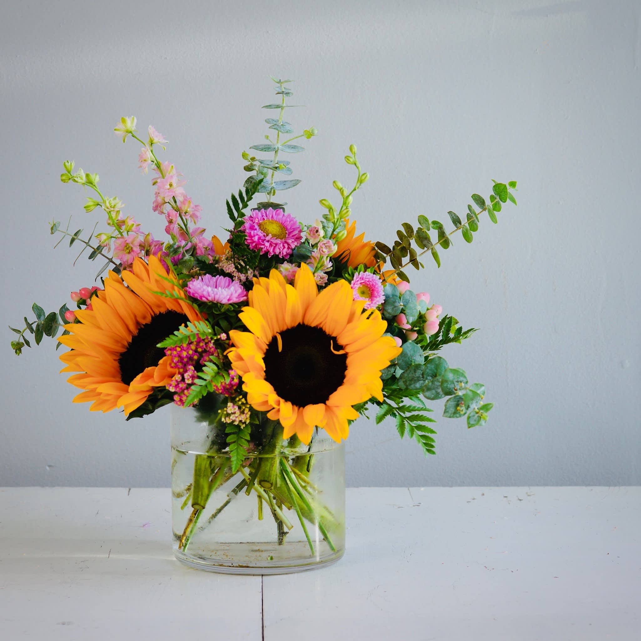 Sunny Sunflowers - Perfect mix of Sunflowers and Barbie Pink blooms