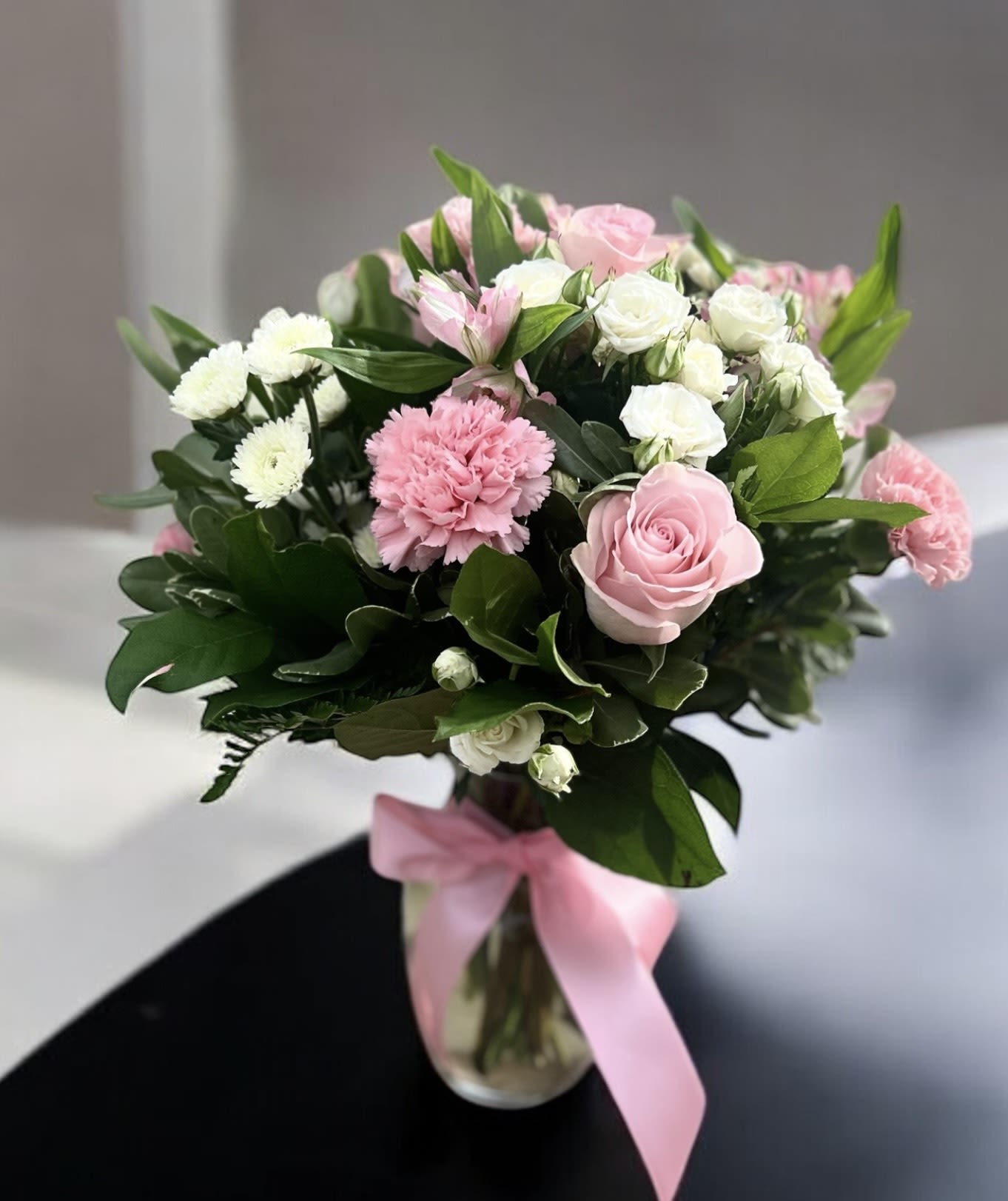 Candy Pop - Vase arrangement with carnations, roses, spray roses and buttons