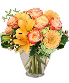 Love Me at Sunset - A Stunning Floral Arrangement with Peach Roses, Peach Gerberas, Orange Lilies, and a Green Hydrangea  This captivating floral arrangement combines the delicate beauty of peach roses and gerberas with the vibrant hues of orange lilies, all complemented by the lush green foliage of a hydrangea. Each bloom in this composition is carefully chosen to evoke a sense of grace, charm, and natural elegance, creating a stunning display that pays tribute to the beauty and spirit of the departed.