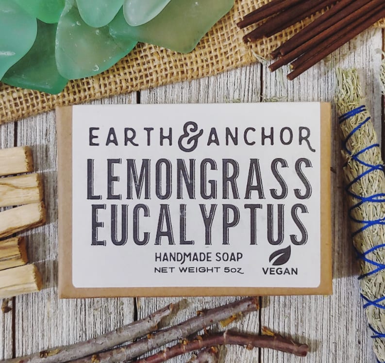 Lemongrass Eucalyptus Handcrafted Vegan Soap- Earth &amp; Anchor Soap Co. - Bright lemongrass and cool eucalyptus make the perfect pair in this invigorating soap. With a proprietary blend of Olive, Coconut &amp; Castor oils, we have created the perfect clean. For body, hands, or hair, we have created a blend that is all purpose and bubbly, moisturizing, and leaves you feeling fresh. Our soaps are always vegan, cruelty-free, and all-natural.  Ingredients: Saponified Oils of Olive, Coconut &amp; Castor, and Fragrance.  Earth &amp; Anchor Soap Co. Handcrafted. Cruelty Free. Palm Free. Vegan. E&amp;A soaps are meticulously handcrafted with original formulations &amp; high quality ingredients using the traditional cold-process method. Every soap bar is made, cut, and packaged by hand (specifically...two sets of hands). Soaps are packaged in a plastic-free &amp; recyclable box with ingredient information. E&amp;A Handcrafted Vegan Soap is a great everyday purchase for folks shopping for themselves &amp; family 