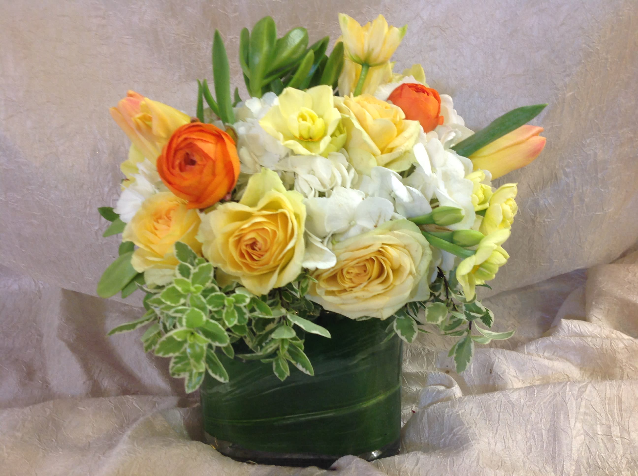 pick me up - hydrangea, renucula,succulents and tulips