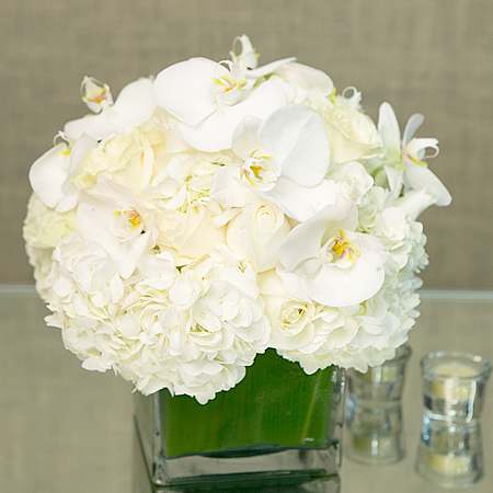 Simply Elegant (BB) - Indulge in the serene beauty and sophistication of our all-white flower arrangement, featuring luxurious roses, hydrangeas, and seasonal orchids in a lush and low-profile leaf-lined glass vase. This elegant design is perfect for any occasion and makes a wonderful gift idea that is sure to impress.
