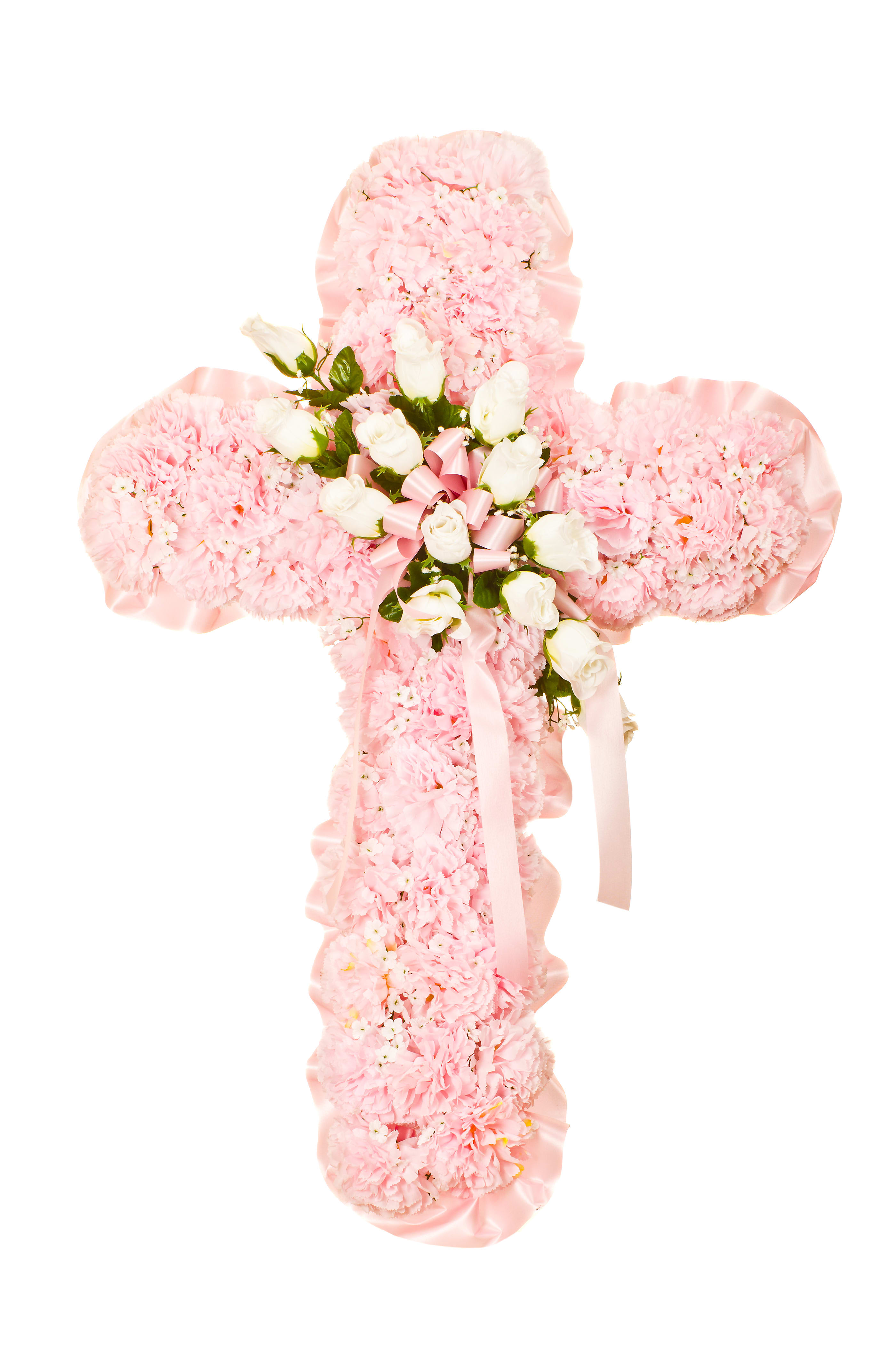 Sweet Memories Standing Spray (BB) - Find solace and comfort in the gentle beauty of our Sweet memories standing cross spray. This graceful arrangement features delicate pink carnations and petite white mini spray roses, meticulously designed to pay tribute to a beloved individual and offer support during times of loss.
