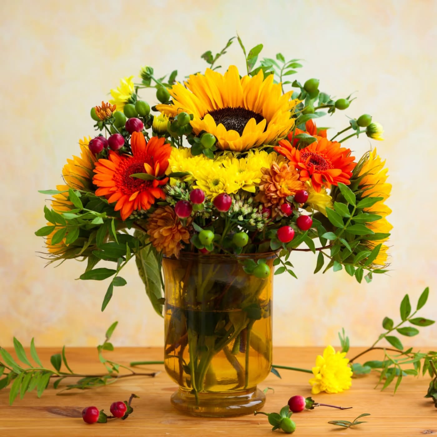 Thankful for You - Celebrate the spirit of gratitude and appreciation with our &quot;Thankful for You&quot; floral arrangement. Expertly curated with a mix of vibrant sunflowers and bold gerbera daisies, this arrangement is perfect for Thanksgiving, autumn, and fall.  