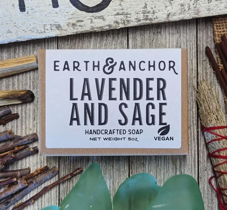 Lavender &amp; Sage Handcrafted Vegan Soap- Earth &amp; Anchor Soap Co. - Sweet French Lavender blended with fresh desert sage make this soap a luxurious and intoxicating scent. With a proprietary blend of Olive, Coconut &amp; Castor oils, we have created the perfect clean. For body, hands, or hair, we have created a blend that is all purpose and bubbly, moisturizing, and leaves you feeling fresh. Our soaps are always vegan, cruelty-free, and all-natural.  Ingredients: Saponified Oils of Olive, Coconut &amp; Castor, and Fragrance.  Earth &amp; Anchor Soap Co. Handcrafted. Cruelty Free. Palm Free. Vegan. E&amp;A soaps are meticulously handcrafted with original formulations &amp; high quality ingredients using the traditional cold-process method. Every soap bar is made, cut, and packaged by hand (specifically...two sets of hands). Soaps are packaged in a plastic-free &amp; recyclable box with ingredient information. E&amp;A Handcrafted Vegan Soap is a great everyday purchase for folks shopping for themselves &amp; family 