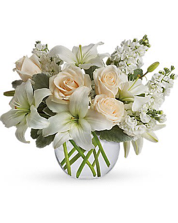 Isle of White (DB) - Introducing our All White Elegant Flower Arrangement, a timeless and sophisticated masterpiece that exudes pristine beauty and grace. This stunning arrangement features a curated selection of all-white blooms, carefully arranged to create a sense of elegance and tranquility.