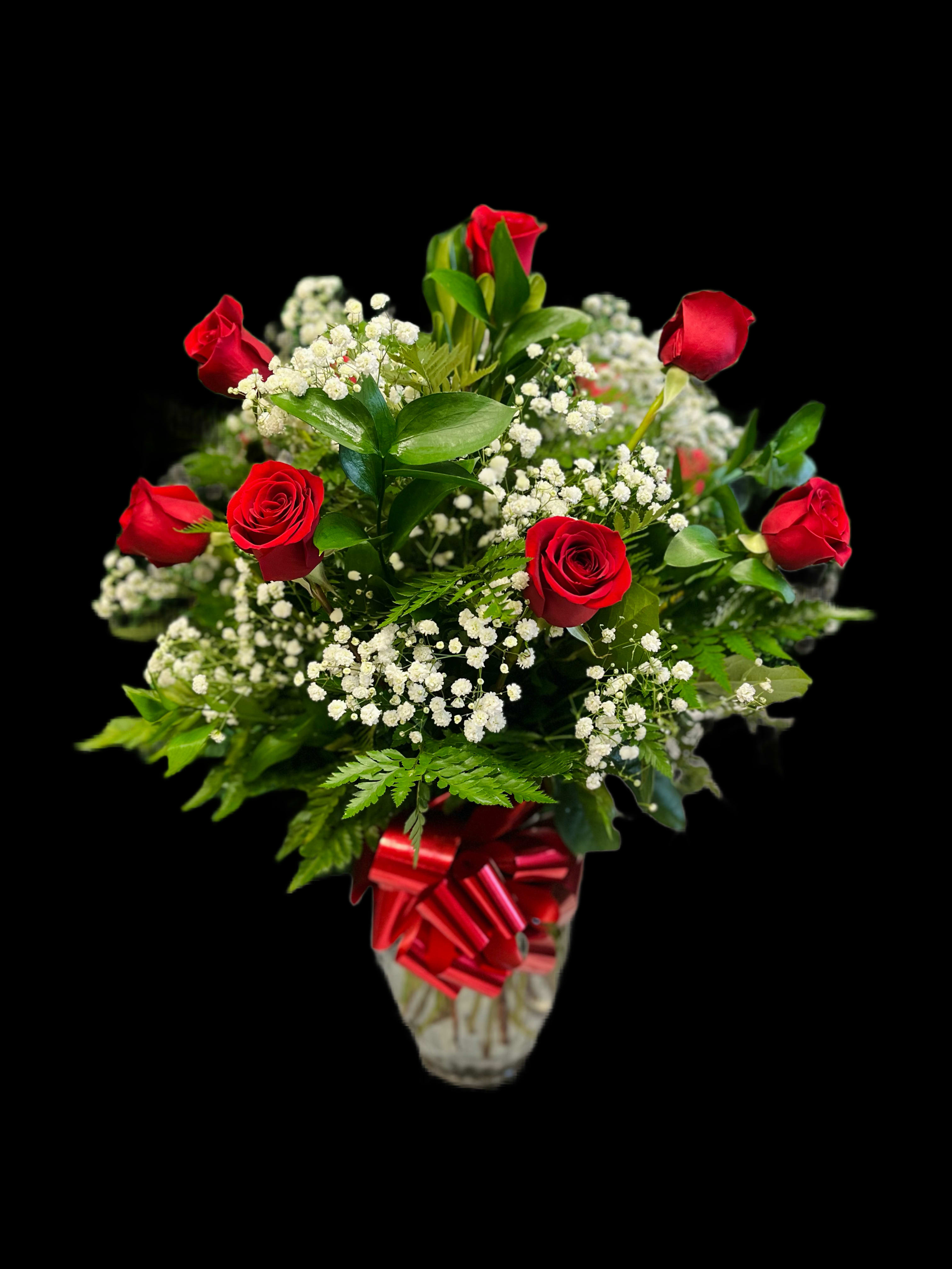 ONE DZ ROSES - One Dz Red Roses in glass vase filled with greenery and baby breath. Its a classic, unforgettable and beautiful piece. A must have ! 