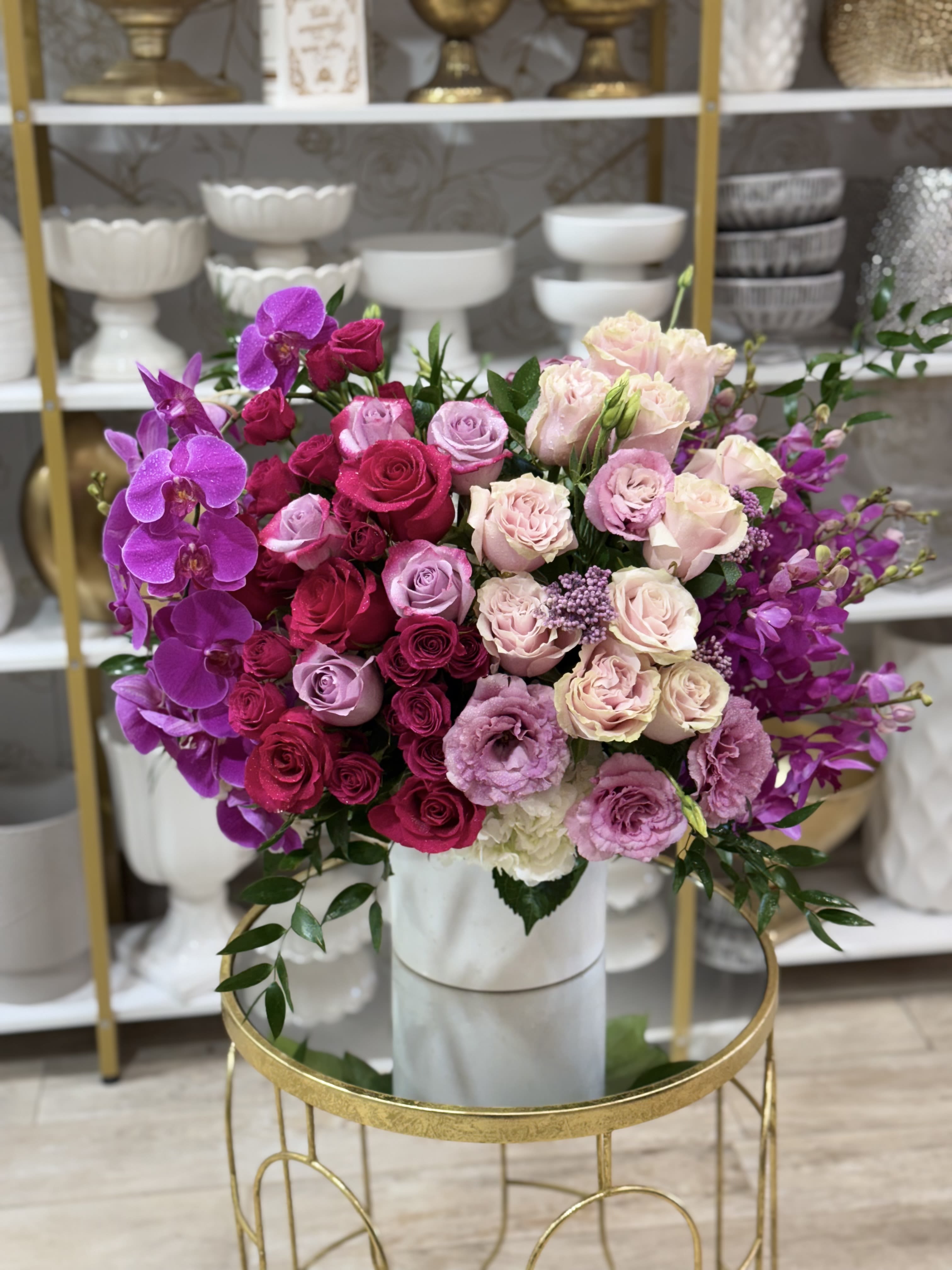 Just Beautiful XO Just Beautiful XO - Orchids, roses, spray roses, hydrangea and stock arranged in a white ceramic container