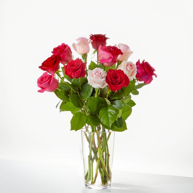 Charming Rose Bouquet (FTD) - Charm their socks off and sweep them off their feet with a gorgeous blend of pink, hot pink, and red roses! Upgrade to the Deluxe size for 18 roses or the Premium size for 24 roses. Approximately 18 inches wide and 21 inches tall for the Standard size.
