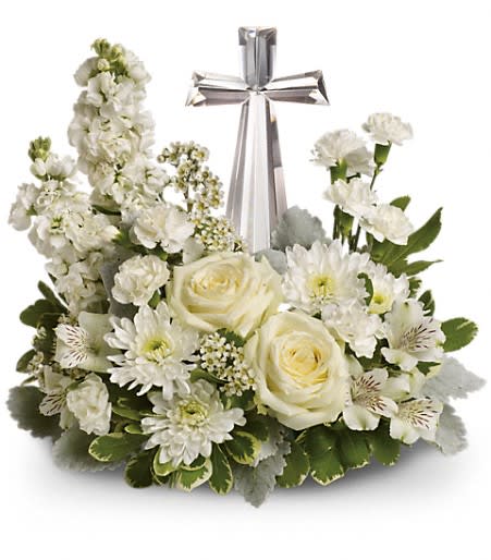 Divine Peace Arrangement - An elegant display of faith, this beautiful arrangement will bring feelings of peace and serenity with its exquisite 7 1/2-inch crystal cross laid in a bed of lovely blossoms. Approximately 14 1/2 inches wide and 13 1/2 inches tall for the Standard size.