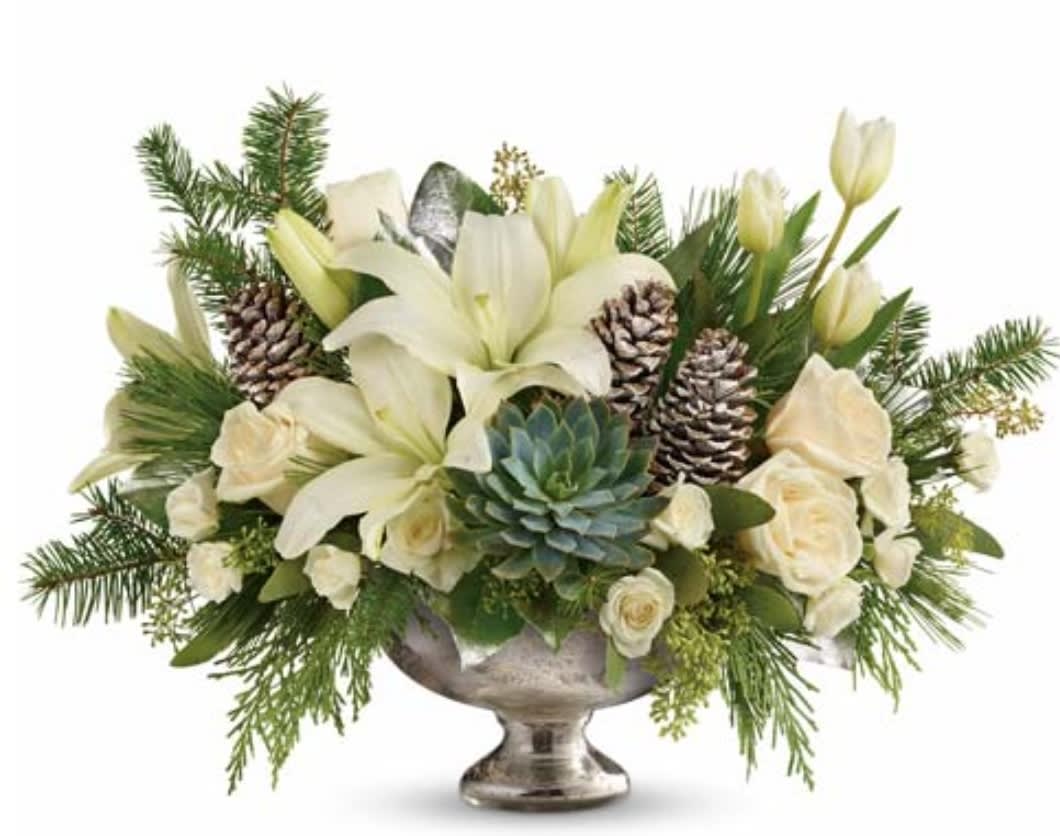 Contemporary Christmas Contemporary Christmas - All white and silver Christmas design using lilies, roses, succulents pine cones and Christmas greens in a gorgeous pedestal. Premium version pictured.