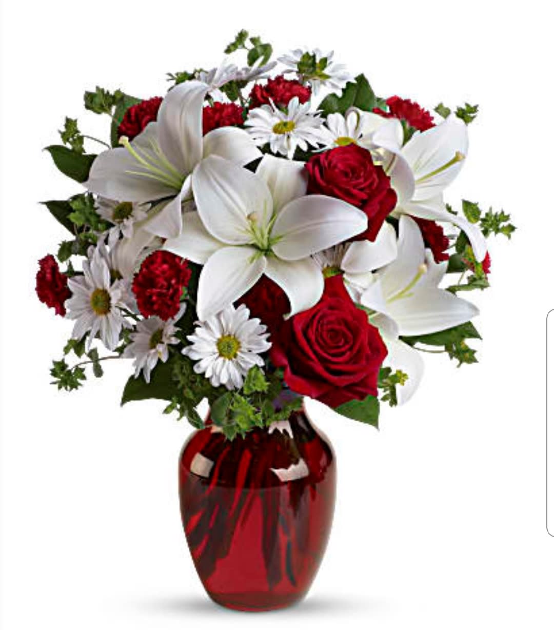 Rosey Red Rosey Red - Beautifully placed white lilies, red roses, red carnations, and white daisies in a red stylish vase, perfect for your love. Premium version pictured.