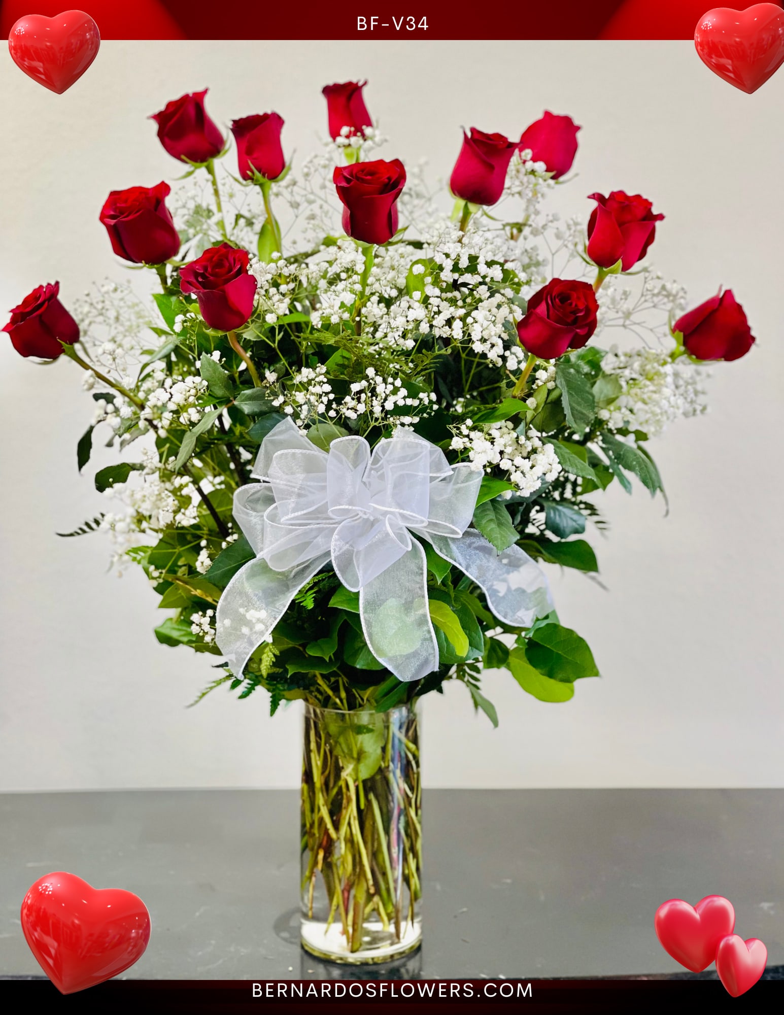 BF-E1 Timeless Romance 1 Dz. Premium Red Roses BF-E1 Timeless Romance 1 Dz. Premium Red Roses - Elevate the art of gifting with our exquisite 1 Dozen Premium Ecuadorian Red Roses Tall Glass Vase Arrangement, accompanied by delicate Baby's Breath. Each rose is a symbol of love and admiration, meticulously arranged in a tall glass vase to create an elegant statement piece. Make every moment special with the timeless beauty of our floral masterpiece. Timeless Romance: Red Roses Tall Glass Vase Arrangement
