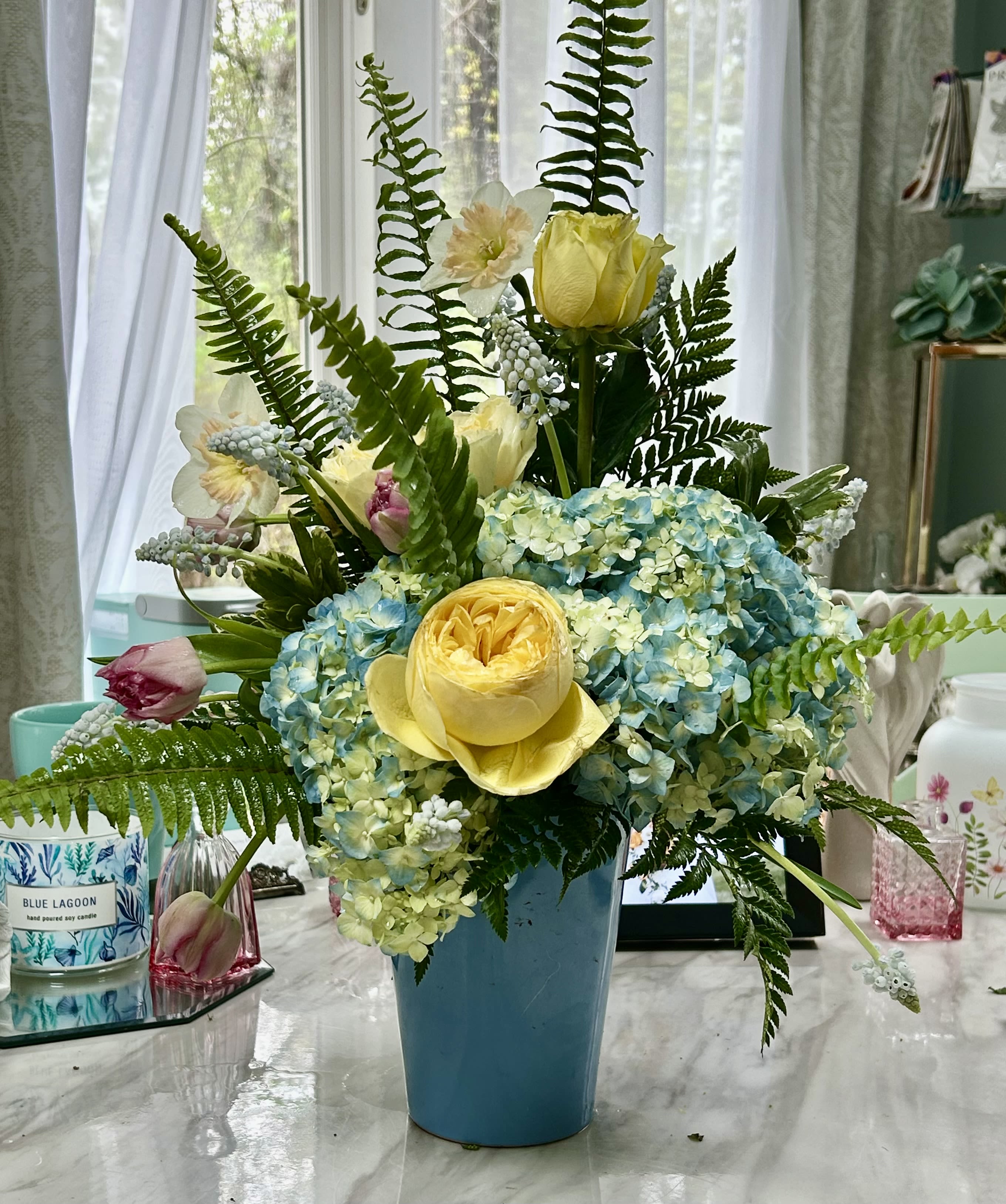 Walking on Sunshine - Hydrangea, cottage roses, roses or tulips, daffodils and sword fern