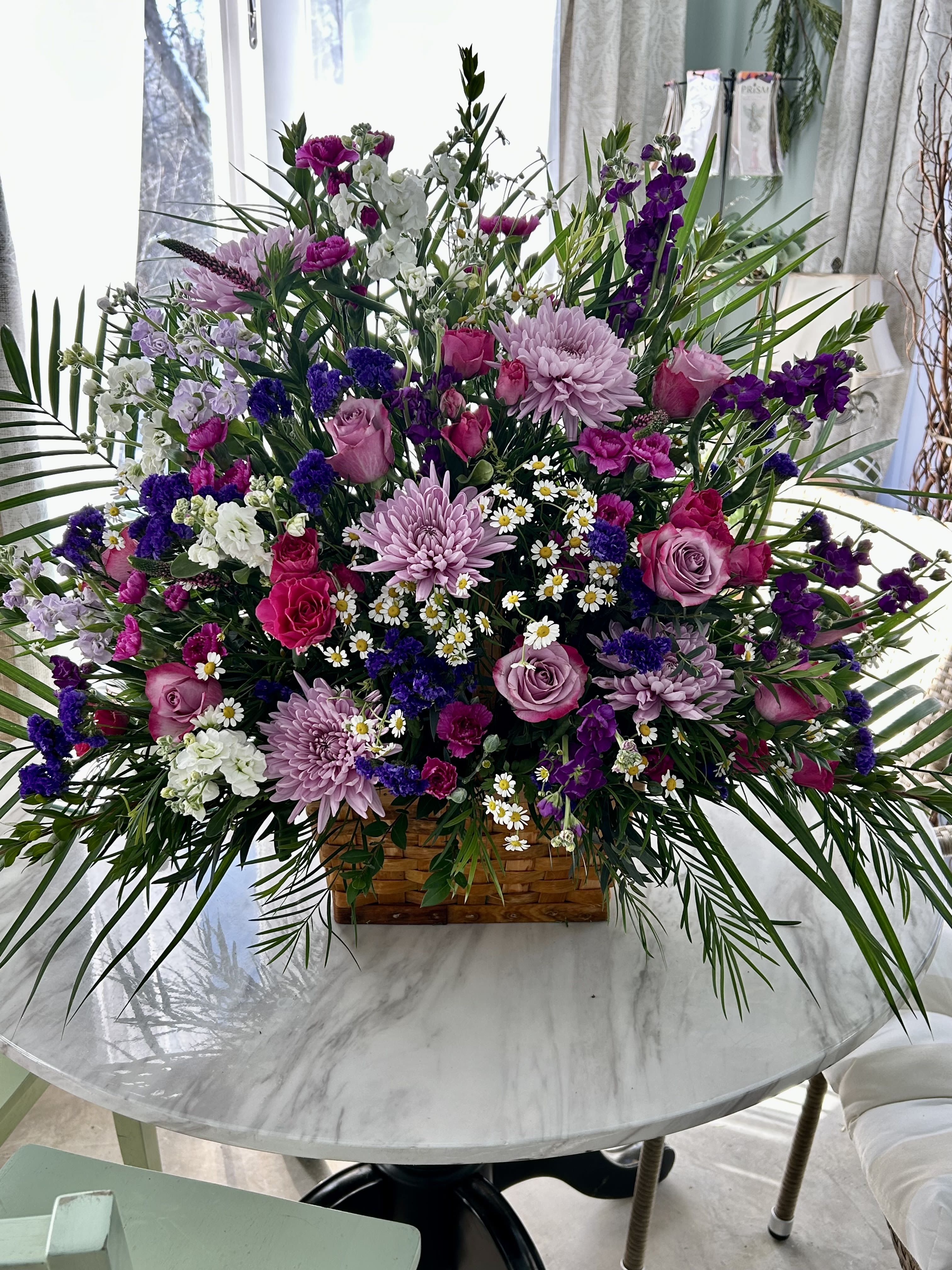 Purple passion - Shades of purple roses, stock, larkspur, cremons, status, and filler flowers.