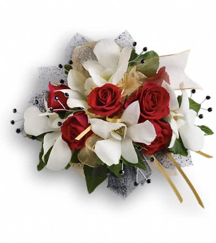 Star Studded Corsage - Steal the spotlight in wondrous white orchids and classic red roses. White dendrobium orchids red spray roses and greens this design has extra bling rhinestones 