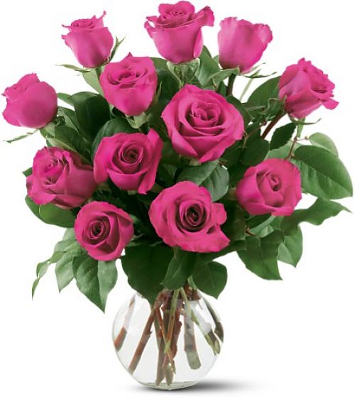 Classic Hot Pink Roses - One Dozen Premium Pink Roses arranged in a clear vase.  Accent flowers available in the add-on section.  Other Colors available.  Please specify second color choice when placing your order. Deluxe price includes 18 roses, Premium price includes 24 roses. Due to product availability, container may vary.
