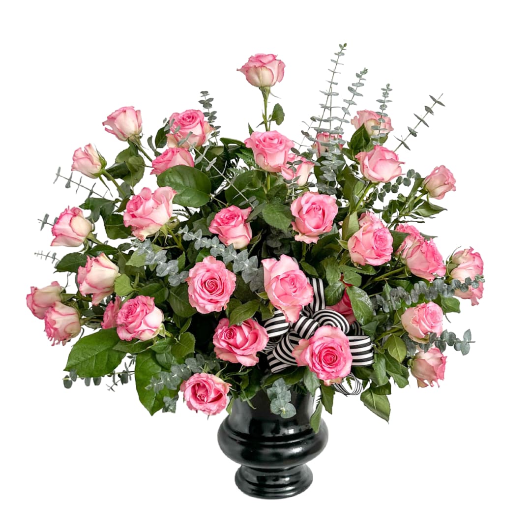 Rose Tribute Spray  - This all rose urn contains 3 dozen roses of your choice, and premium greenery - please indicate the color/colors you'd like. 