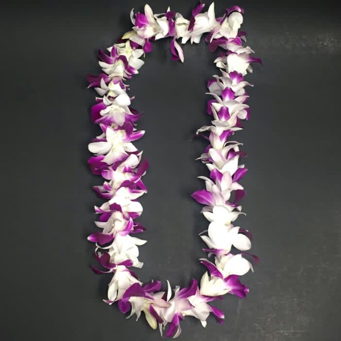 Hawaiian Purple and White Orchid Lei - Our hand made fresh orchid leis are a wonderful way to bring the beauty of the Hawaiian tropics to you. Use them for a wedding or a party.. simply give them as a gift and you'll be giving not only beautiful tropical flowers, you'll also be giving them memories of the fresh ocean air from Hawaii.  Standard – Single Lei: Approximately 60 Orchid Blossoms Are Strung Lengthwise  Deluxe – Double Lei: Approximately 120 Orchid Blossoms Are Strung More Widthwise  This product may not always be available for same day delivery or a pickup, please call us at 619-237-8842 to check on today's availability or order online and allow at least one business day for order processing.