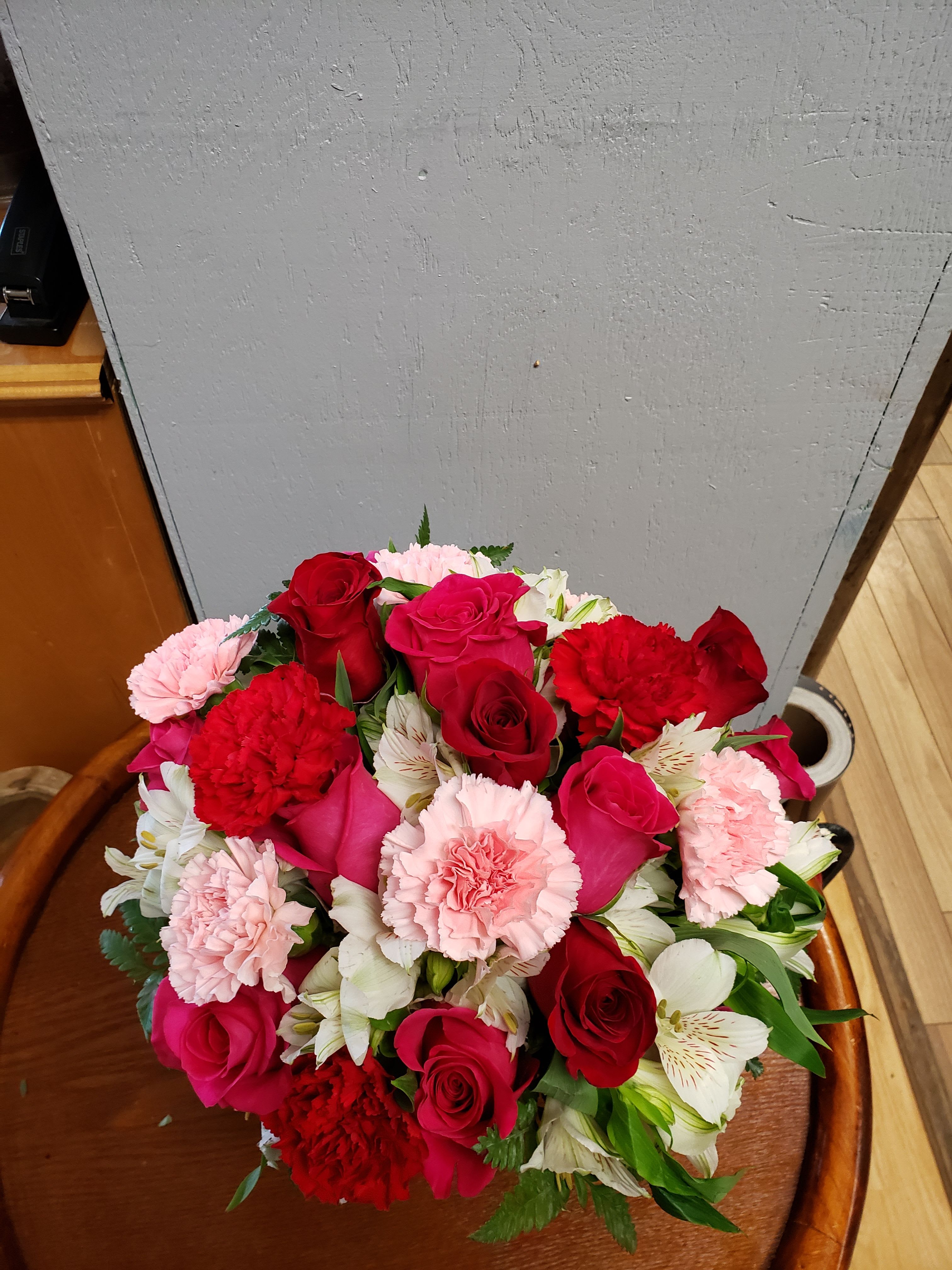 sweet bouquet - pink carnations, white alstroemeria red roses