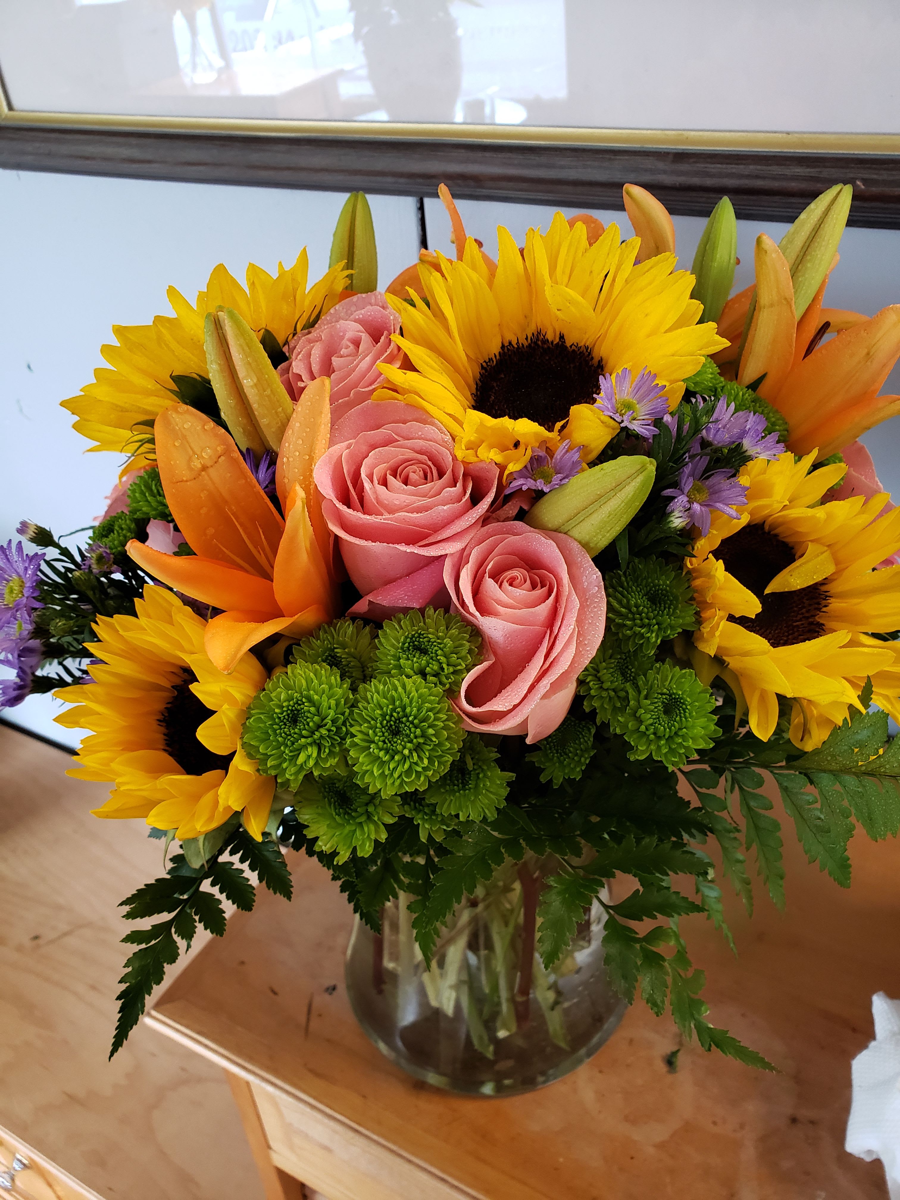 Jennings Beach Sunset - green pompom sunflowers peach roses