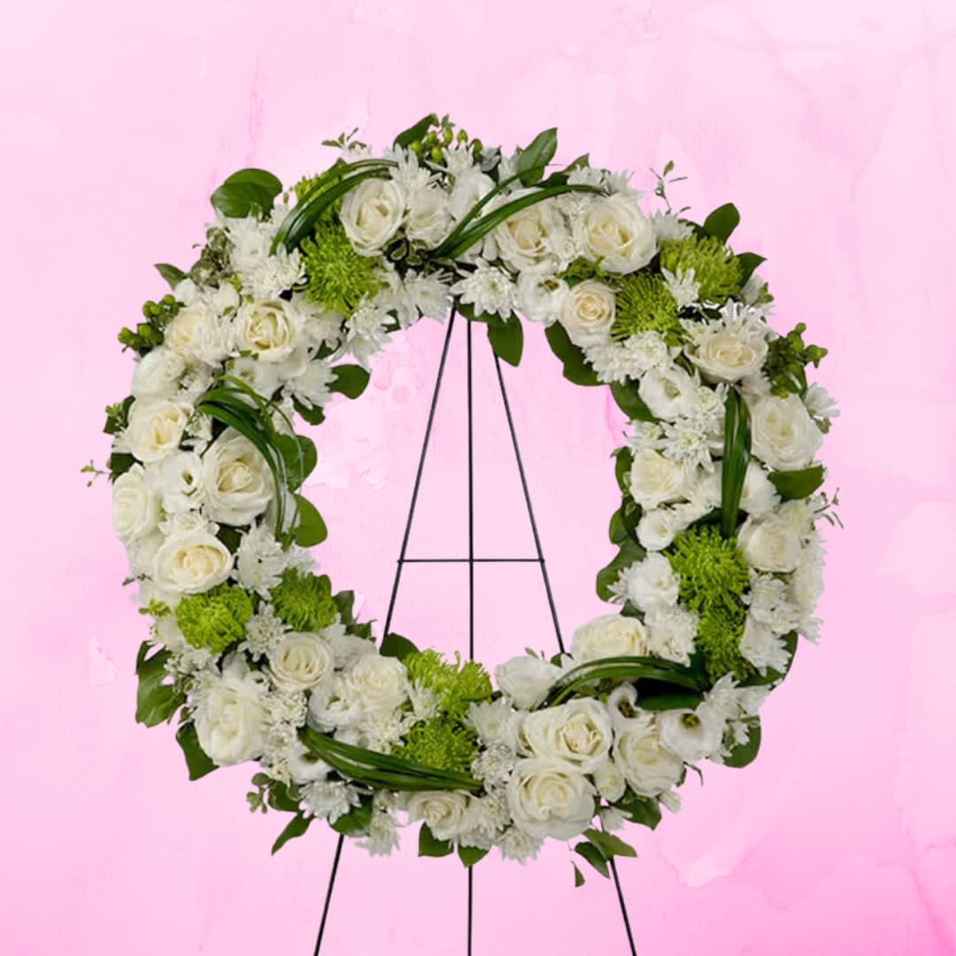 Lasting Serenity by BloomNation™ Lasting Serenity by BloomNation™ - A beautiful white and green tribute wreath that calms, this easel arrangement celebrates a full life and a peaceful passing.