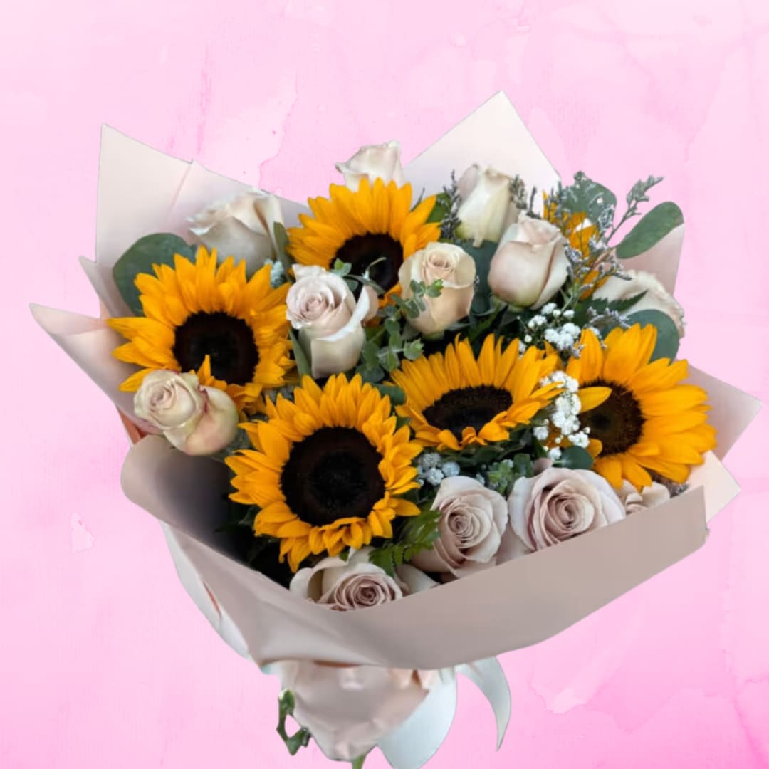 Graceful Sunshine Graceful Sunshine - Quicksand roses with sunflowers in luxury wrap.