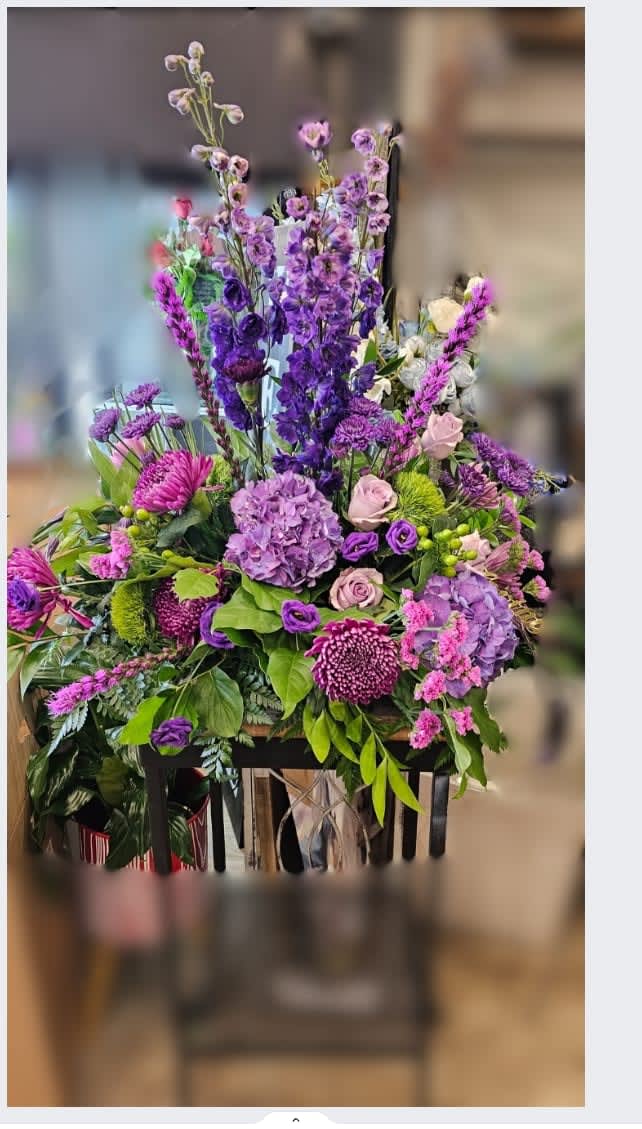 Purples and greens Purples and greens - Elegant purple and greens oasis tray arrangement