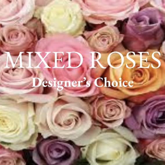 Designer Choice colored Roses - Modern design of a half dozen mixed color roses and other flower in a lovely vase. Deluxe includes a dozen roses plus other flower variety. Premium includes 18 plus roses plus other flower variety.