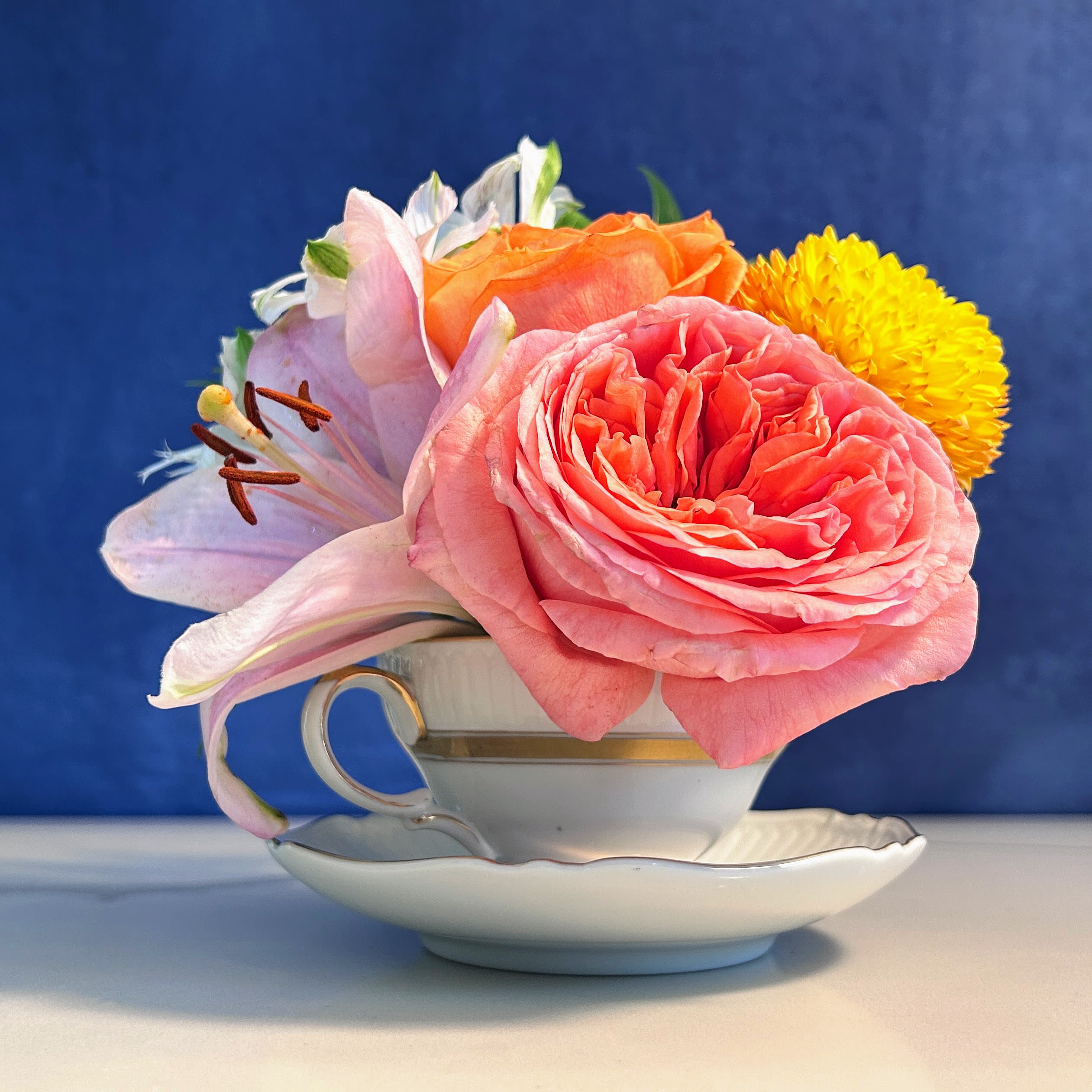Capella's Teacup - This little she-goat inspired piece boasts a multicolor display of roses, mums, alstroemeria, and an Asiatic lily. 
