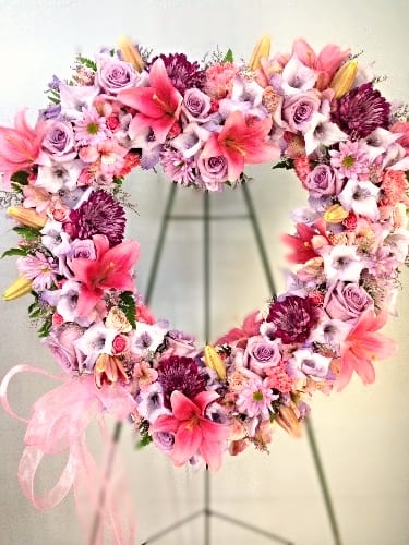 Lavender &amp; Pink Open Heart - Plush open heart sympathy easel filled with gladiolus, roses, lilies, daisies, and cushions.  