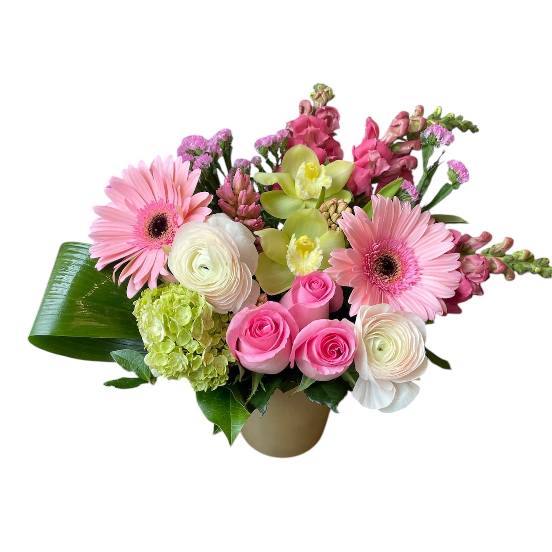 Celebrate Celebrate - Pink roses, pink ranunculus, pink gerbera, pink snapdragons, green orchids, green hydrangea, pink hyacinth, pink statice designed in a glass vase. As shown in photo.