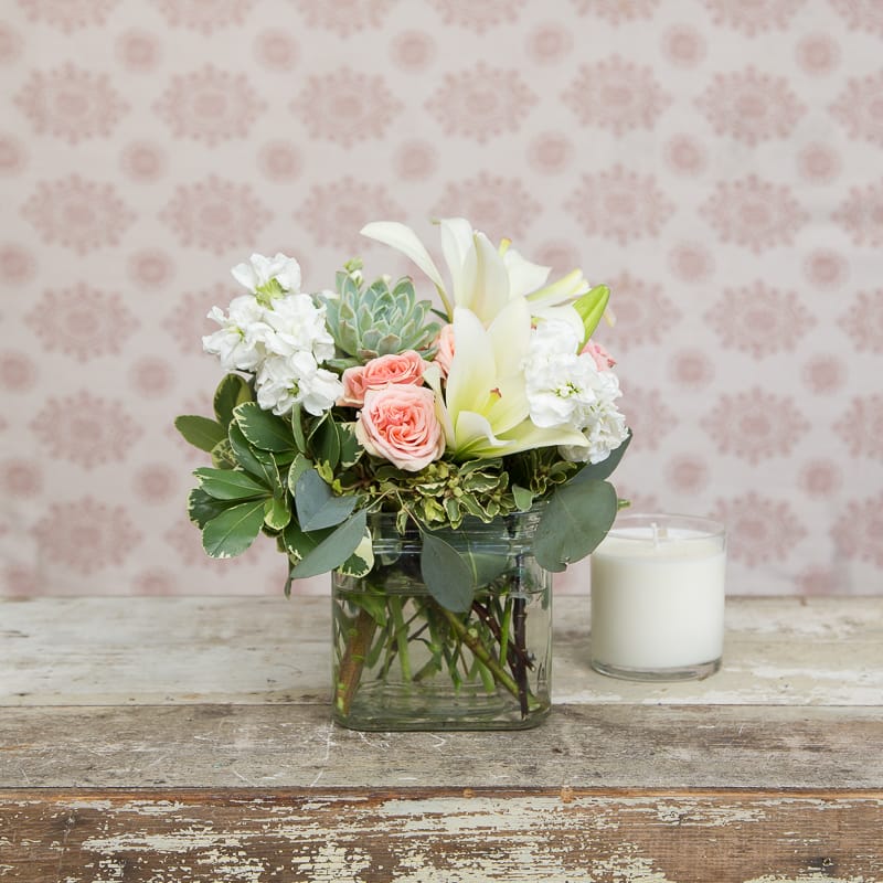 Secret Surprise - Trendy medium arrangement with a succulent plant included! Soft colors ease the mind while enjoying the sweet smells of white stock and lilies. After the sweet smells wear off, the succulent can be re potted for a long lasting gift. 