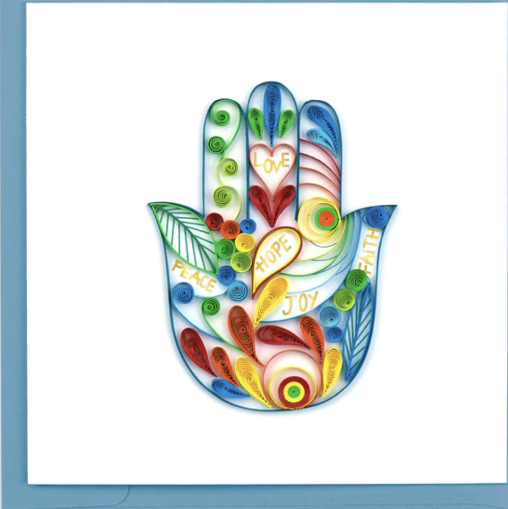 Hamsa Hand Greeting Card Hamsa Hand Greeting Card - Bring your friends and loved ones joy with the Hamsa hand greeting card. This beautiful card contains a quilled image of a colorful Hamsa hand, with the words, hope, love, peace, joy and faith written in the middle. Outside Copy: Blank Inside Copy: Blank Inside Size: 6in x 6in
