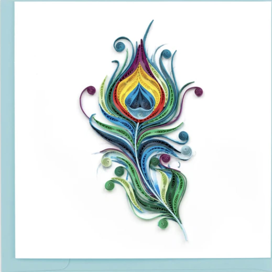 Peacock Feather Greeting Card Peacock Feather Greeting Card - This handcrafted quilled peacock feather is a beautiful card to gift someone who loves unique things. Peacocks are a symbol of integrity, respect and honor as well as beauty, love and passion. This card is perfect to send to a friend for countless occasions and events! The quilled card features a single peacock feather in vibrant hues of blue, green, magenta, yellow and red. The quilled feather details take on a sense of movement and whimsy as they curl and sway. Outside Copy: Blank Inside Copy: Blank plus additional blank insert to write your own message on Size: 6 in. x 6 in. Envelope Color: Light Blue