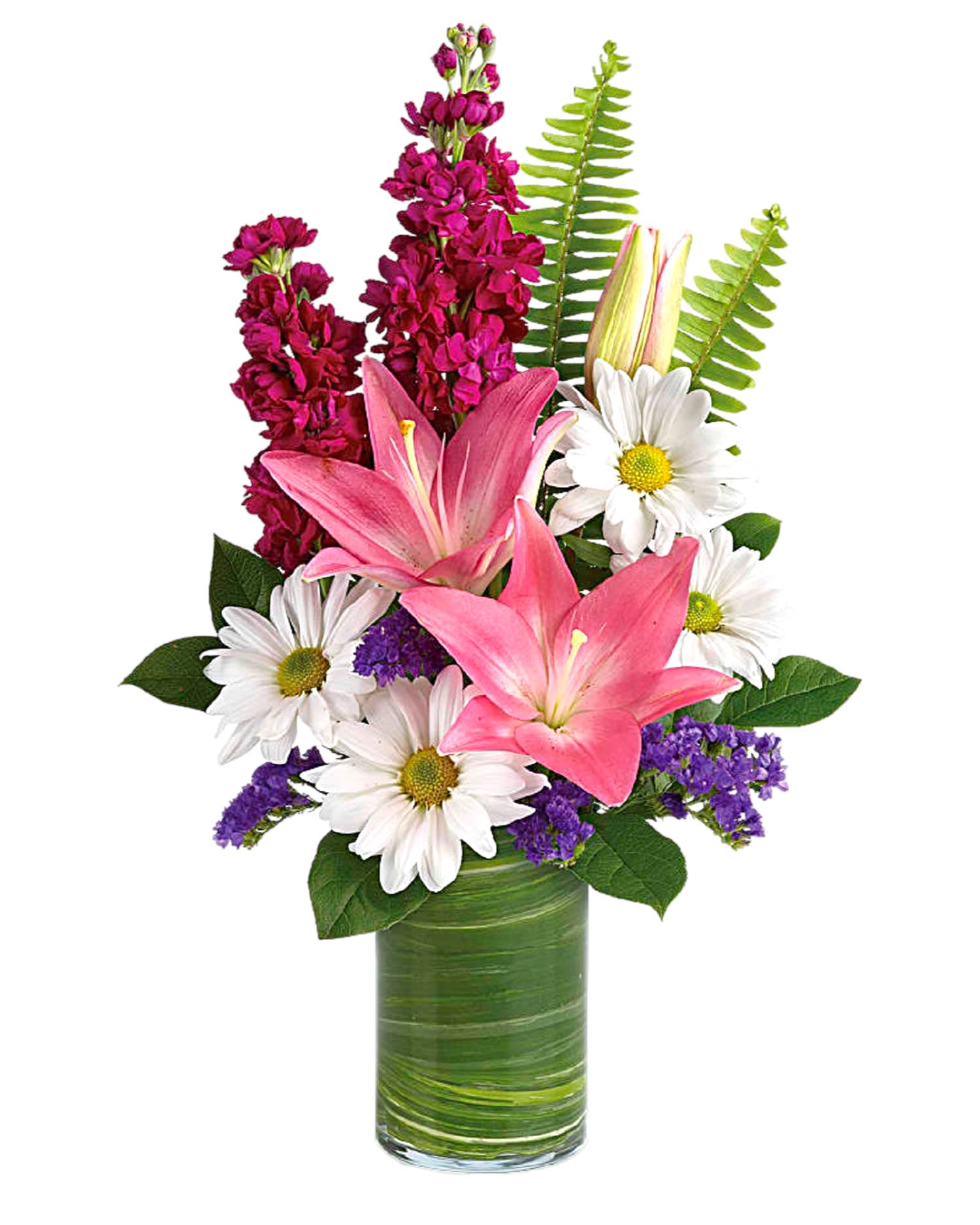 Playful Daisy Arrangement - Full of whimsy, this playful bouquet of pink roses, white daisies, pink lilies, and fuchsia stock is a fun surprise for any special occasion! It's wrapped in a ti leaf in a glass cylinder vase for a modern touch.  DETAILS Pink Asiatic lilies, pink roses, fuchsia stock, white daisy spray chrysanthemums, and raspberry sinuata statice are accented with sword fern, variegated ti leaf, and lemon leaf.  VASE INCLUDED Orientation: All-Around Item #NF-158  FLORIST-TO-DOOR Same day flower delivery on most orders placed online by 12 pm or 10 am on weekends PST.  BLOOM DETAILS Roses Asiatic Lilies Stock Daisy-Mums Statice Filler Greenery  The Standard Arrangement is approx. 18 1/2&quot; H x 11 1/2&quot; W. The Deluxe Arrangement is approx.18 1/2&quot; H x 11 1/2&quot; W. The Premium Arrangement is approx. 18 1/2&quot; H x 11 1/2&quot; W.  How to place an order? 1. You can place an order directly on this secure website OR 2. You can call in your order by dialing: (323) 262 - 9238 OR 3. You can visit our store (appointment recommended 323.262.9238)  NINFA'S FLOWERS 2405 WHITTIER BLVD. LOS ANGELES, CA. 90023  ATTENTION: *Please note that on busy holidays, Valentine's Day, and Mother's Day, we cannot verify if the recipient received the flowers until the following day. You can verify delivery on the website after 10:00 pm, call 323.262.9238 the following day after 10:00 am, or contact the recipient directly. Thank you for your patience and understanding.