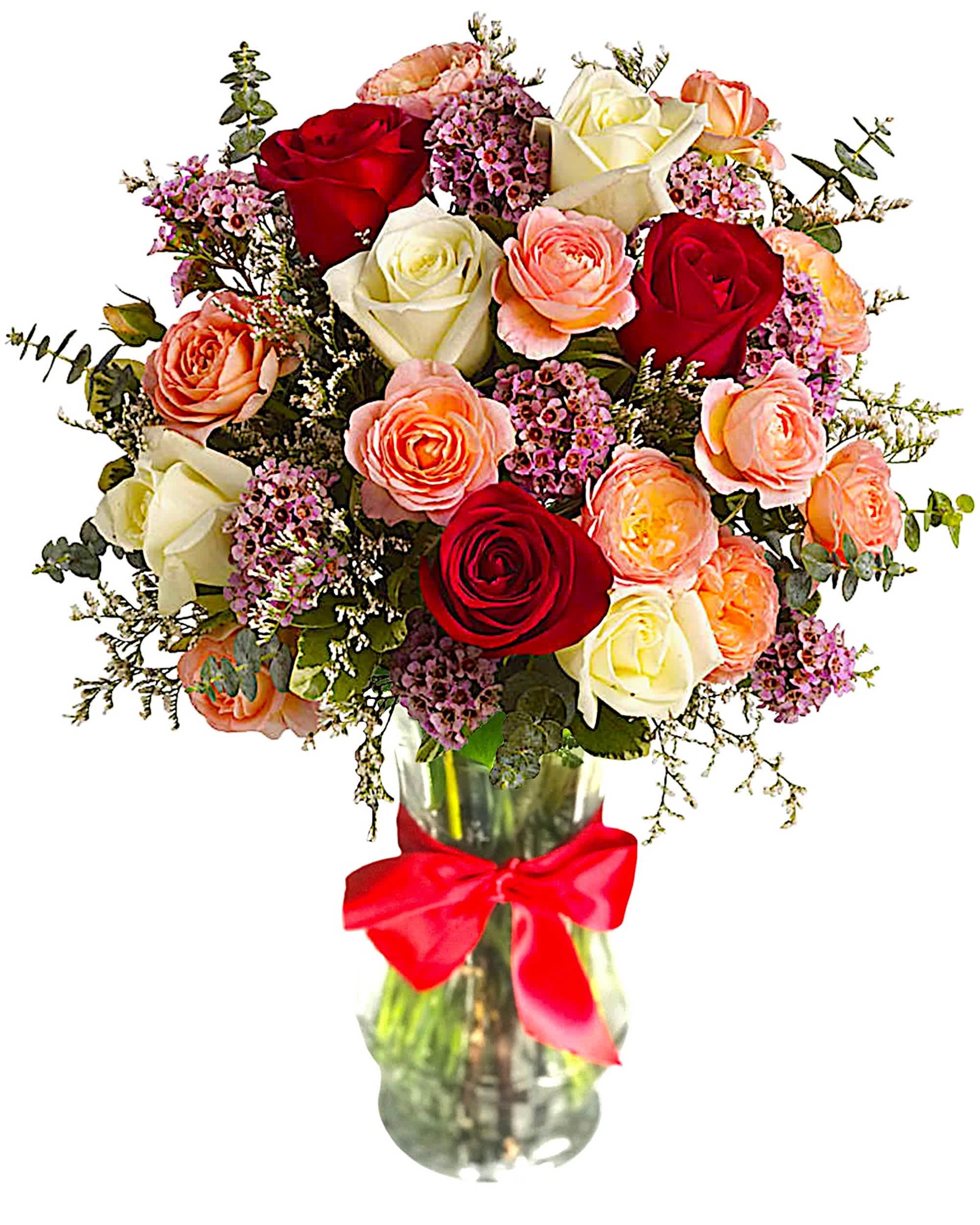 Always Yours - A Victorian arrangement that speaks to the timelessness of your love. In shades of rich red, soft coral, this lovely rose arrangement is a classic pick for someone with an antique sense of style.  DETAILS This old-fashioned arrangement, featuring red, white and coral roses with pink waxflower, lacy white Limonium, variegated pittosporum and spiral eucalyptus.  VASE INCLUDED Orientation: All-Around Item #NF-82  FLORIST-TO-DOOR Same day flower delivery on most orders placed online by 12 pm or 10 am on weekends PST.  BLOOM DETAILS Roses Spray Roses Waxflower Filler Limonium Filler Greenery  The Standard Arrangement is approx. 14 1/2&quot; H x 13 1/2&quot; W. The Deluxe Arrangement is approx. 15&quot; H x 14&quot; W. The Premium Arrangement is approx. 16&quot; H x 14&quot; W.  How to place an order?  1. You can place an order directly on this secure website. OR 2. You can call in your order by dialing: (323) 262 - 9238 OR 3. You can visit our store (appointment recommended 323.262.9238)  NINFA'S FLOWERS 2405 WHITTIER BLVD. LOS ANGELES, CA. 90023  ATTENTION: *Please note that on busy holidays, Valentine's Day, and Mother's Day, we cannot verify if the recipient received the flowers until the following day. You can verify delivery on the website after 10:00 pm, call 323.262.9238 the following day after 10:00 am, or contact the recipient directly. Thank you for your patience and understanding.