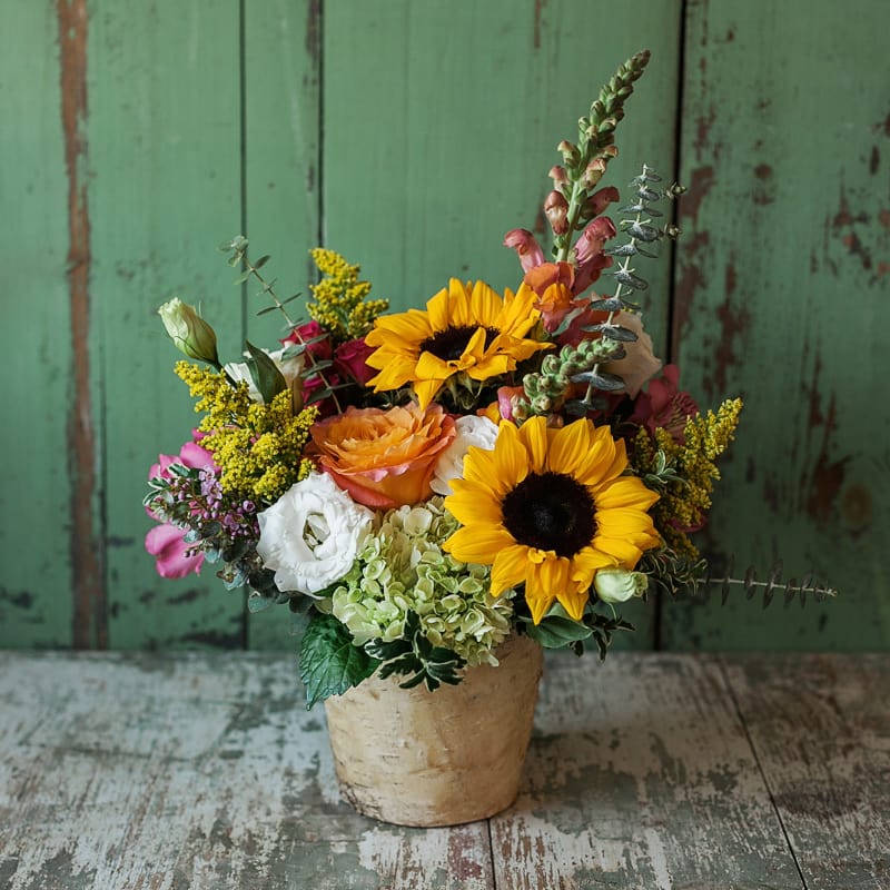 Heather Heather - Warm and sunny flowers arranged in a birch pot. Approximately 17.5" tall x 12" wide