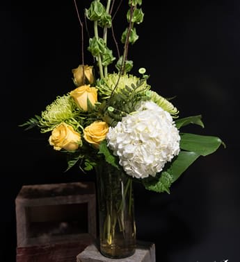 Happiness Happiness - White hydrangea, yellow roses, bells of Ireland, fuji