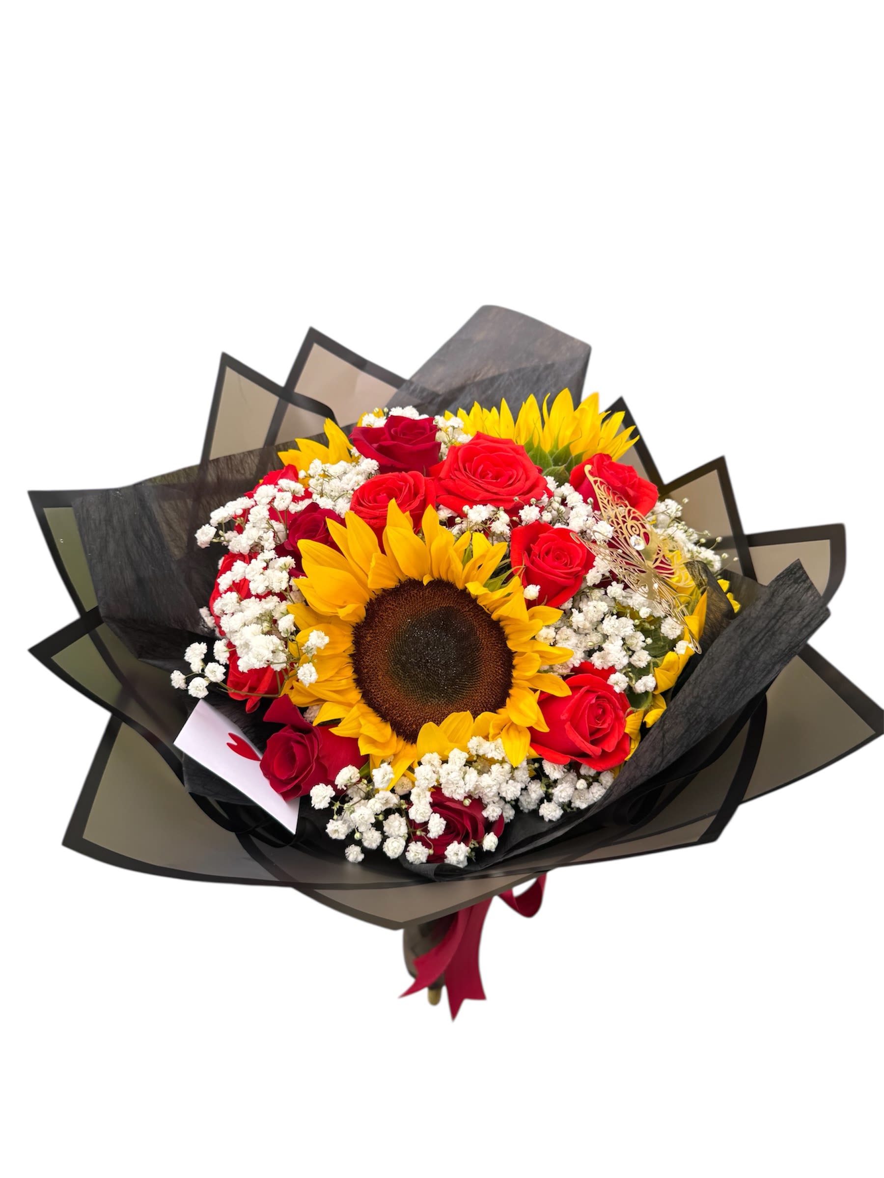 Secret - Stunning and precious large bouquet with a contrast of sunflowers, red roses and a touch of babybreath!