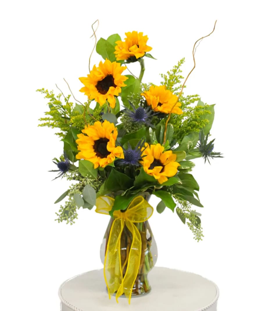 Brilliance  - Bright sunflowers, yellow solidago, blue thistle, and seeded eucalyptus. 
