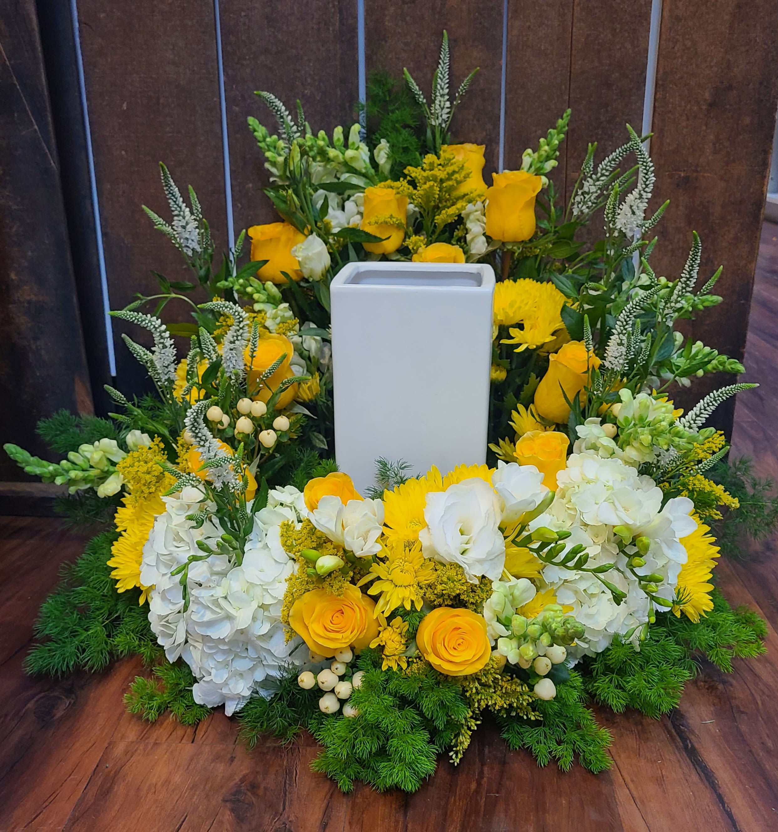 Yellow sympathy urn arrangement  - The finished size is approximately 16-20&quot; wide, and 20-24&quot; high.